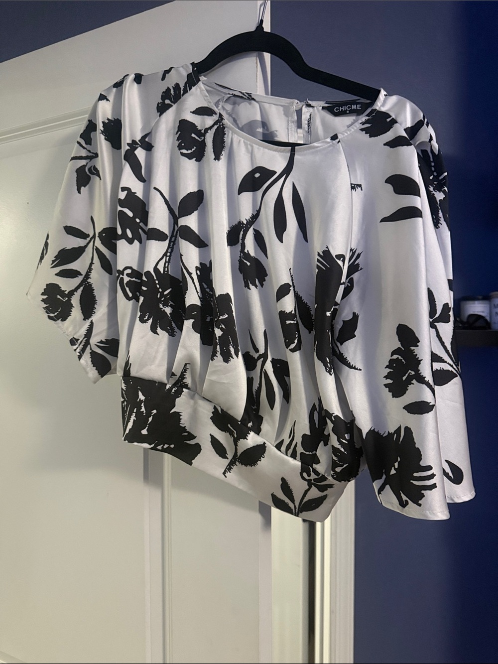 chic White Satin Blouse with Black Floral Print